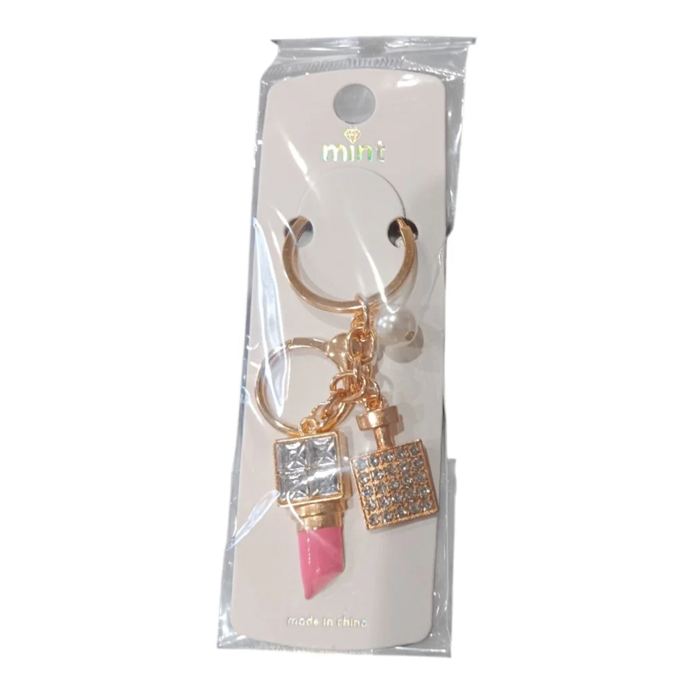 Lipstick, Perfume Bottle, Pearl Rhinestone Purse Charm Keychain in Pink Bling